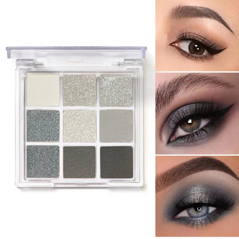 Nine-colour smoked eyeshadow palette showing white, silver, black and iron grey shades in compact case