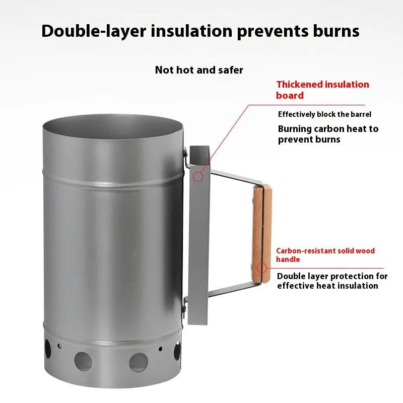 Zinc-iron alloy outdoor charcoal fire starter tool in carbon bucket style with oven igniter.