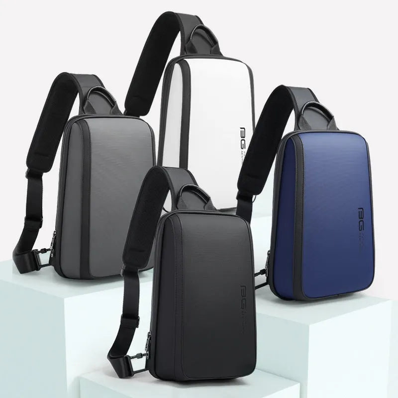 Blue Oxford cloth chest bag with double shoulder straps showing 33x21x10cm dimensions
