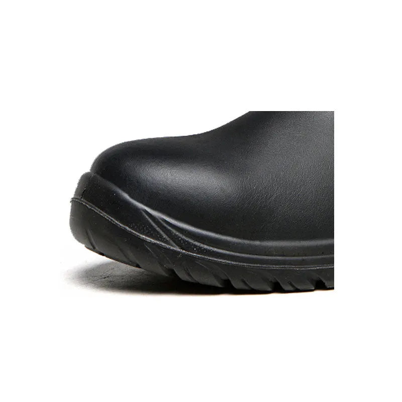 Black leather safety boots with high-top design and steel anti-piercing midsoles for workplace protection