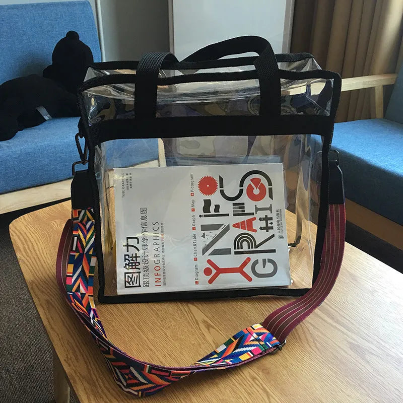 Women's PVC transparent shoulder messenger bag with clear front compartment in multiple colour options