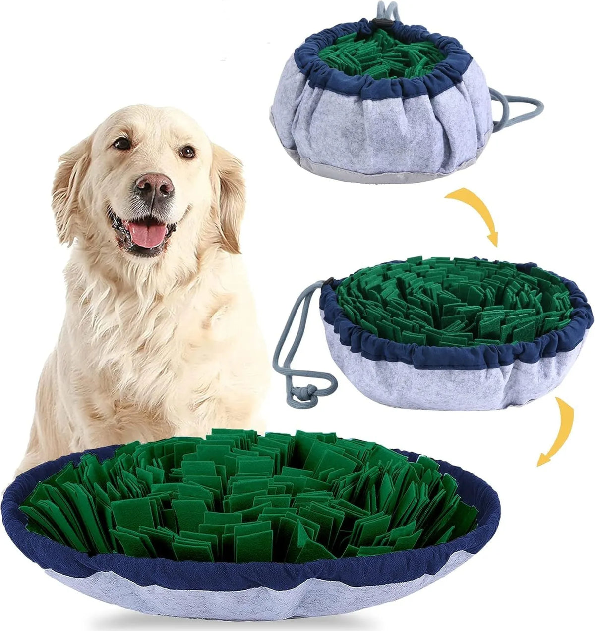 Adjustable blue dog snuffle mat with puzzle compartments for treat hiding and slow feeding