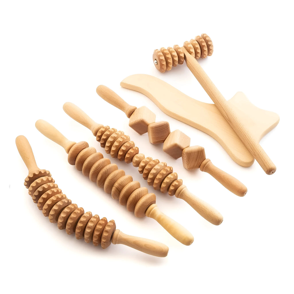Wooden massage roller set with T-shaped roller and multiple beech wood wheeled massagers