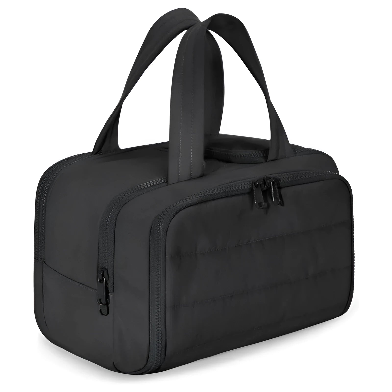 Large travel toiletry bag with wide opening showing interior organisation compartments