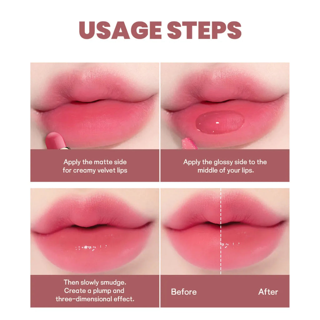 Double-headed lipstick and lip gloss cosmetic product showing matte and glossy ends with 10 colour shade options