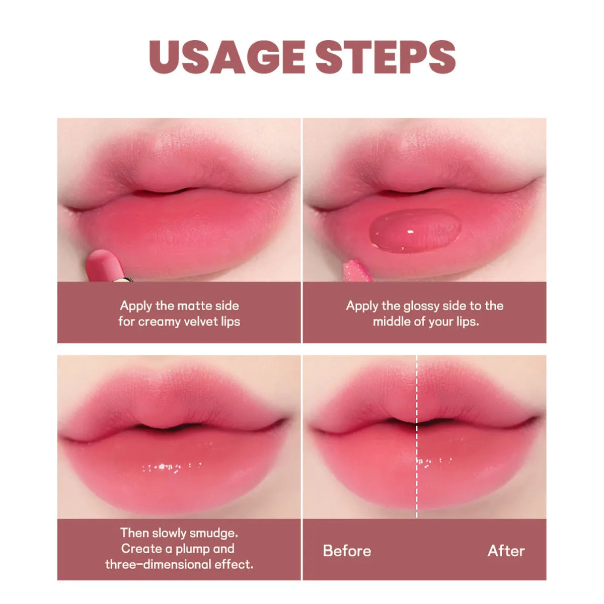 Double-headed lipstick and lip gloss cosmetic product showing matte and glossy ends with 10 colour shade options