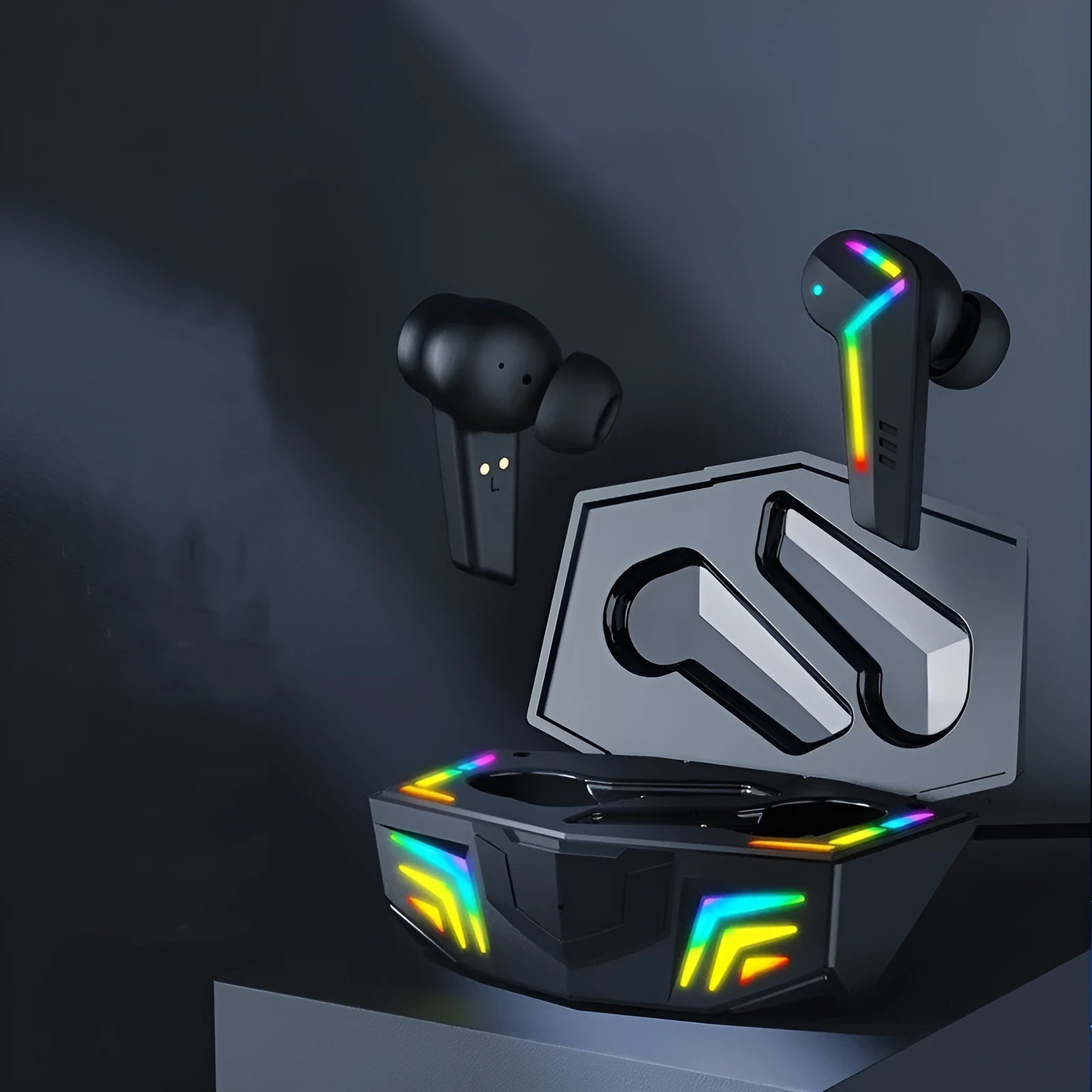Small black TWS Bluetooth gaming headset with earplug design