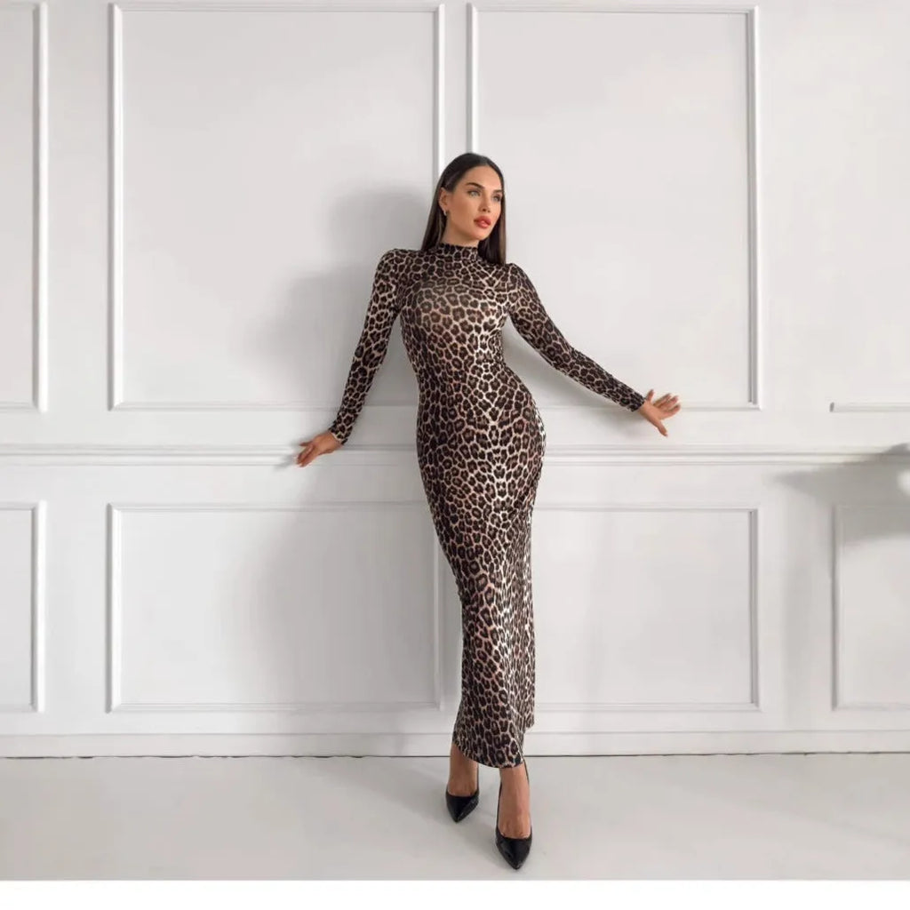 Women's leopard print long dress with stand collar and long sleeves showing high waist hip skirt silhouette