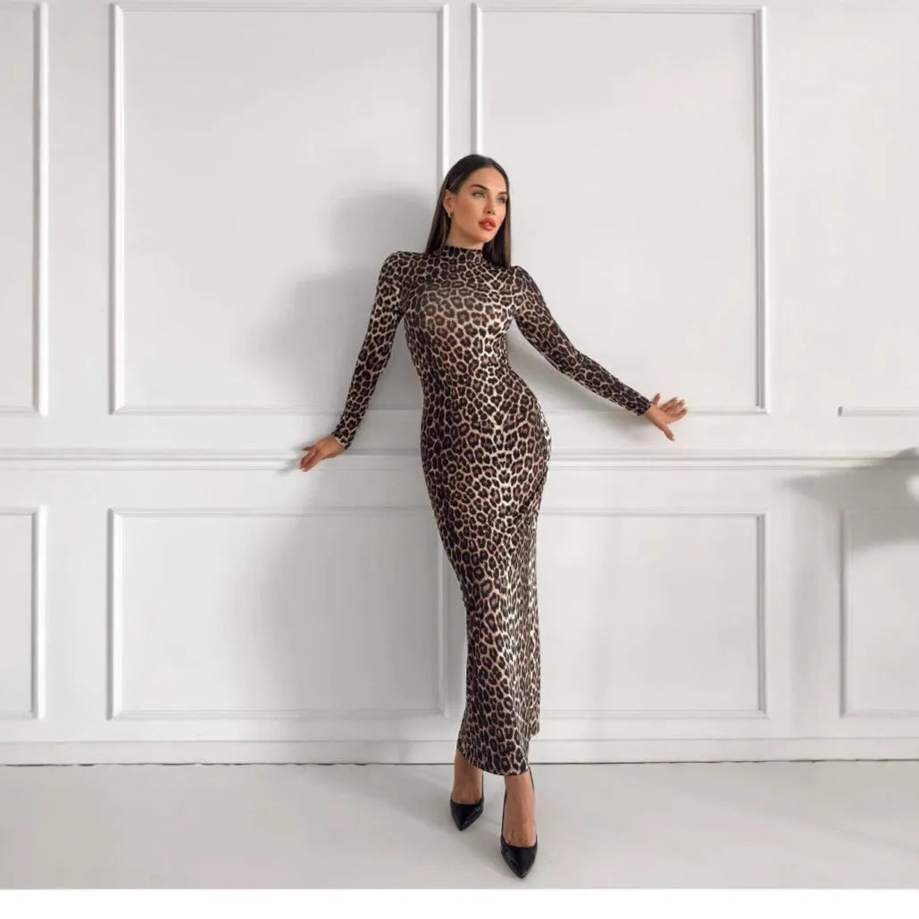 Women's leopard print long dress with stand collar and long sleeves showing high waist hip skirt silhouette