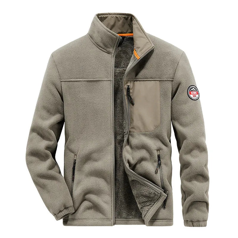 Men's solid colour fleece cardigan jacket with zipper pockets in gray, shown on a model.