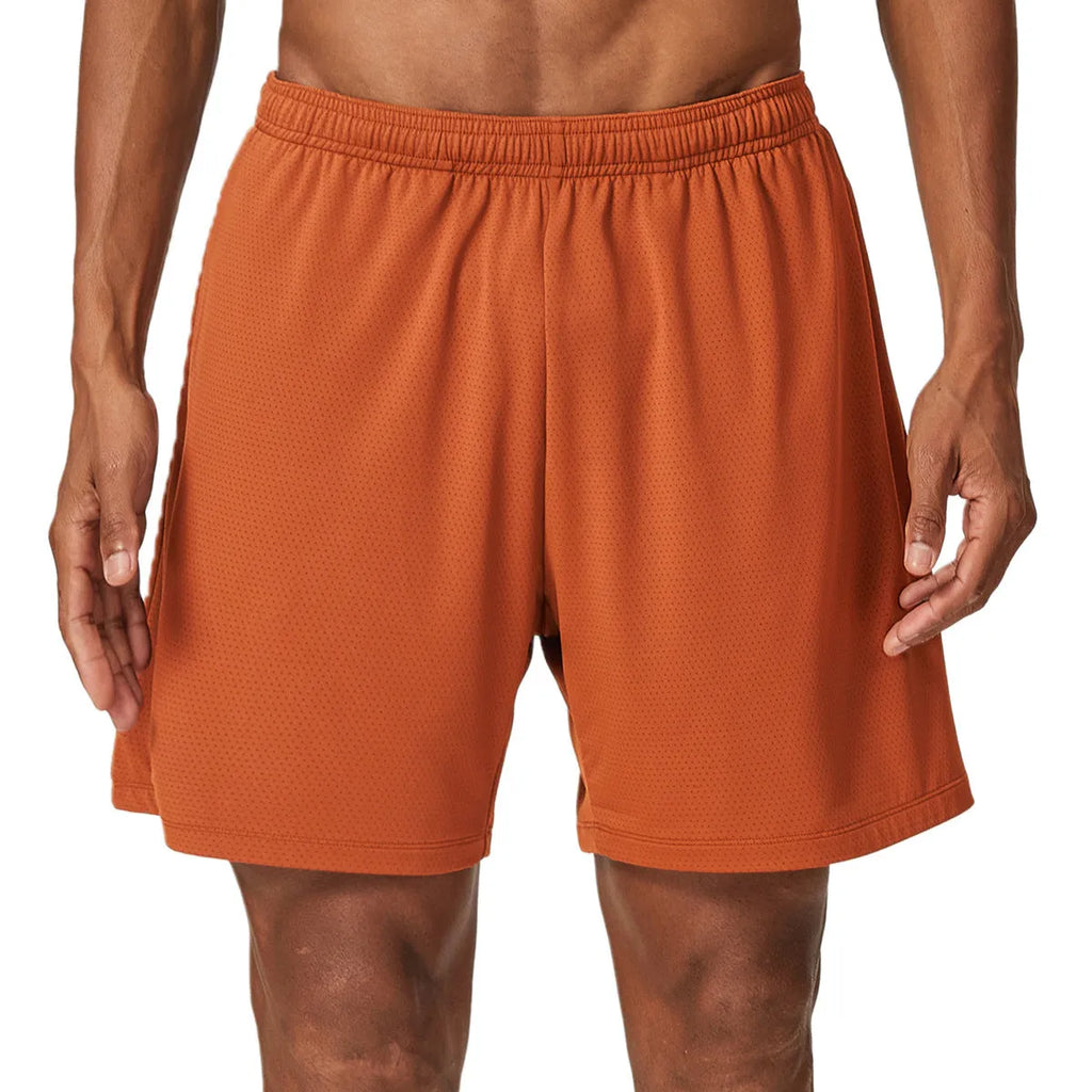 Men's quick-dry running shorts in brick red colour showing double-layer construction