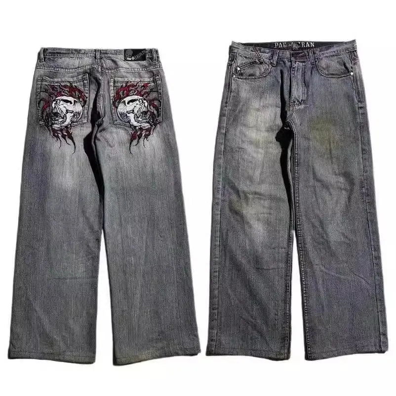 Grey washed-out wide-leg denim jeans for men with a retro workwear design and straight leg opening.