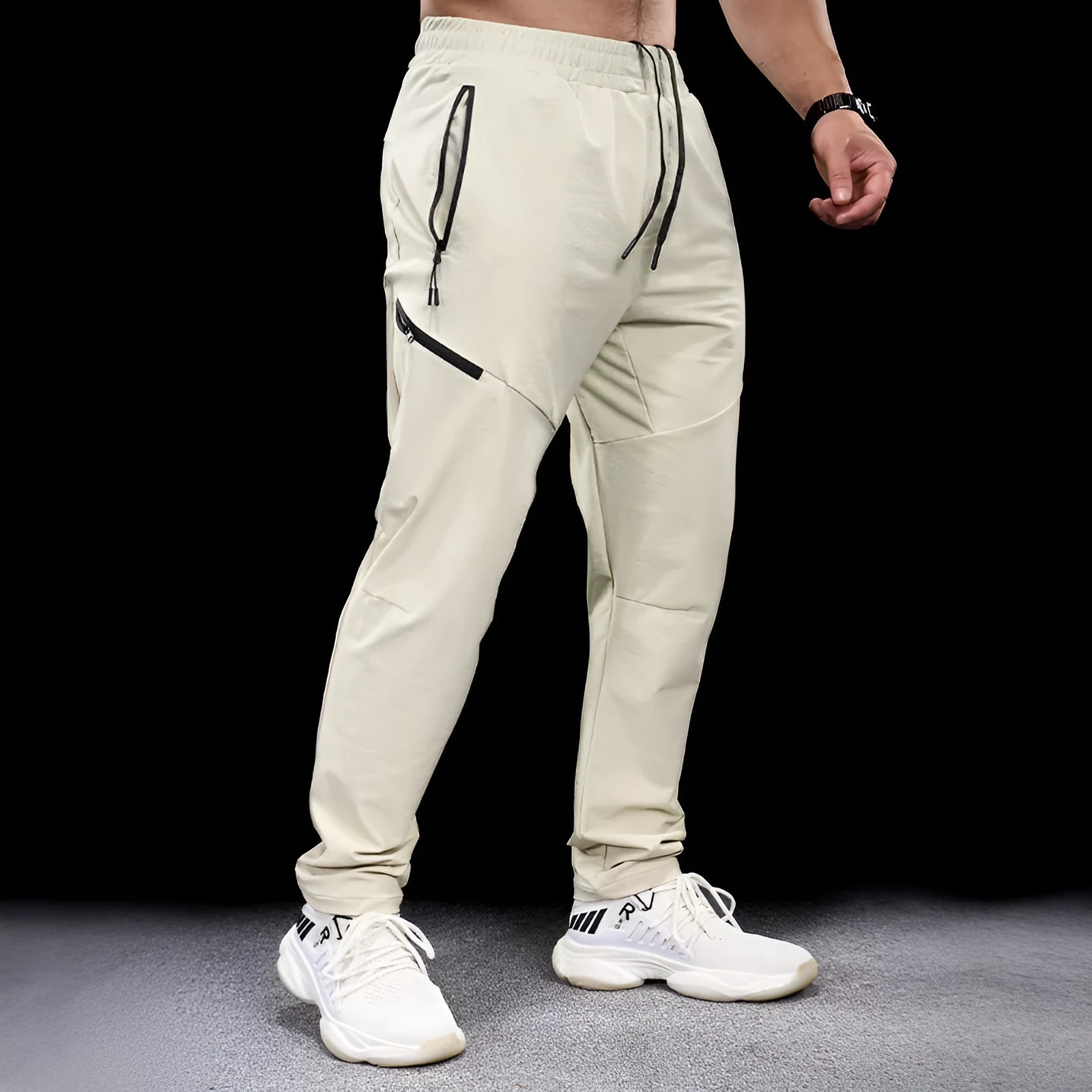 Men's waterproof quick-drying nylon workout pants in Army Green colour, showing mid waist design and trousers length