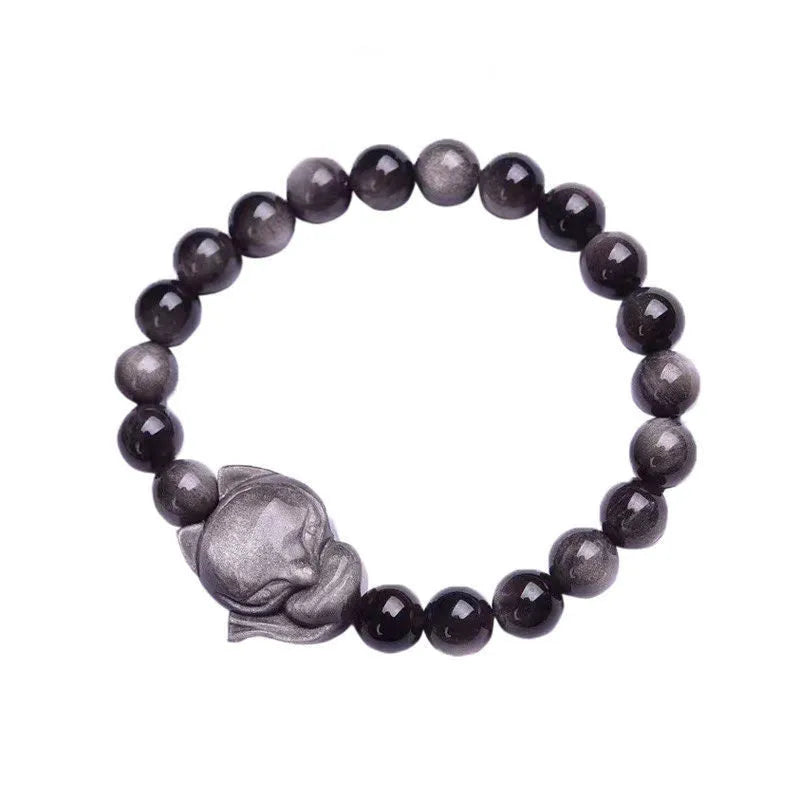 Black obsidian bracelet with fox design featuring 8mm polished stones and adjustable closure