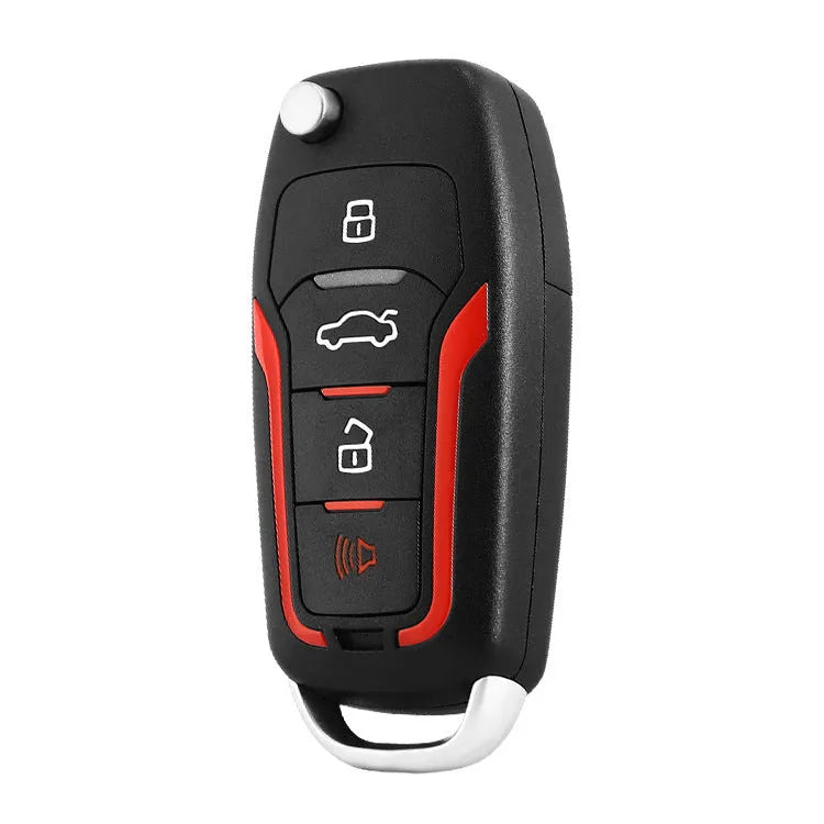 Red and frosted black one-way remote control car alarm with two remotes for vehicle security.