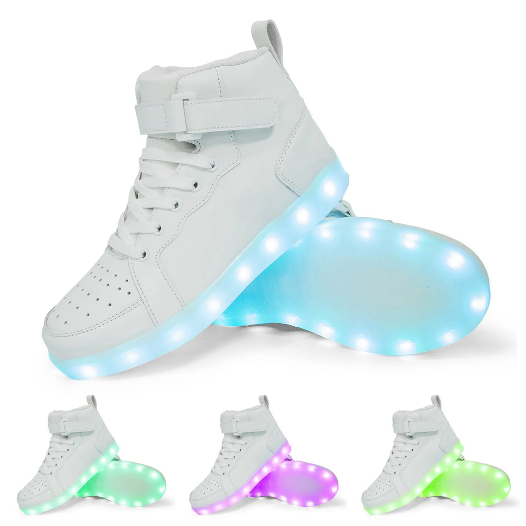 LED light-up high-top dance shoes in black with velcro straps and glowing soles.