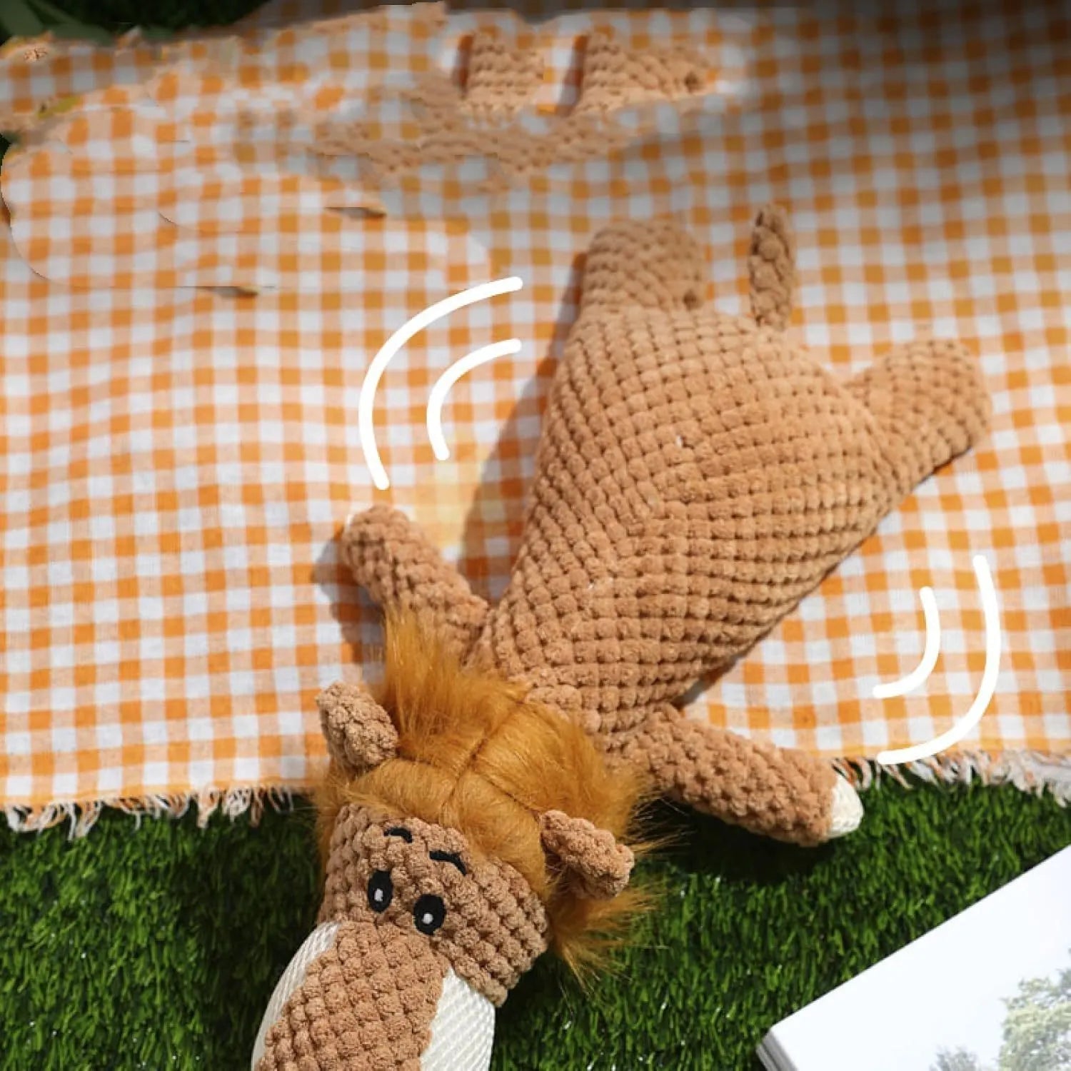 Corn kernel design plush dog chewing toy with animal shape and built-in squeaker in green, grey or yellow colours