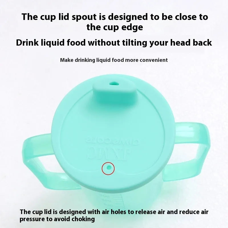 Oblique mouth choke-proof bed care drinking cup with handle and lid for adults.