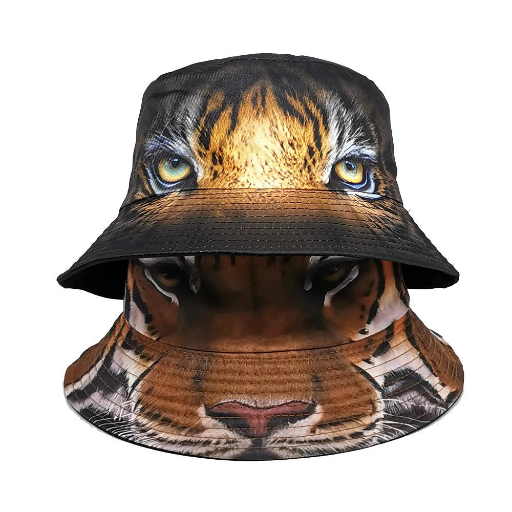 Tiger pattern polyester bucket hat with dome crown in khaki colour, size M 56-58cm