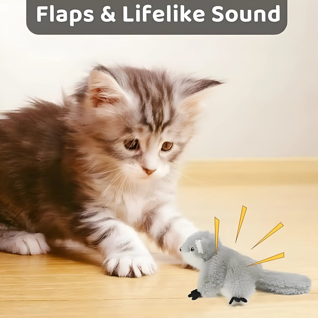 Grey flapping squirrel cat toy with waving wings and USB charging port