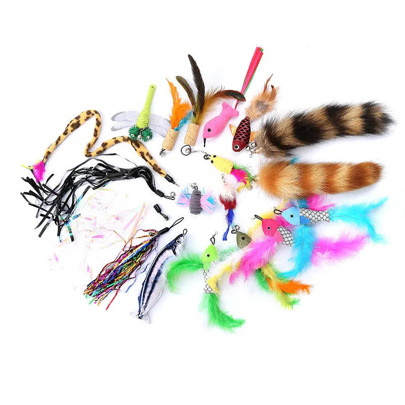 Cat feather fishing rod toy set with two handheld rods and ten interchangeable replacement heads