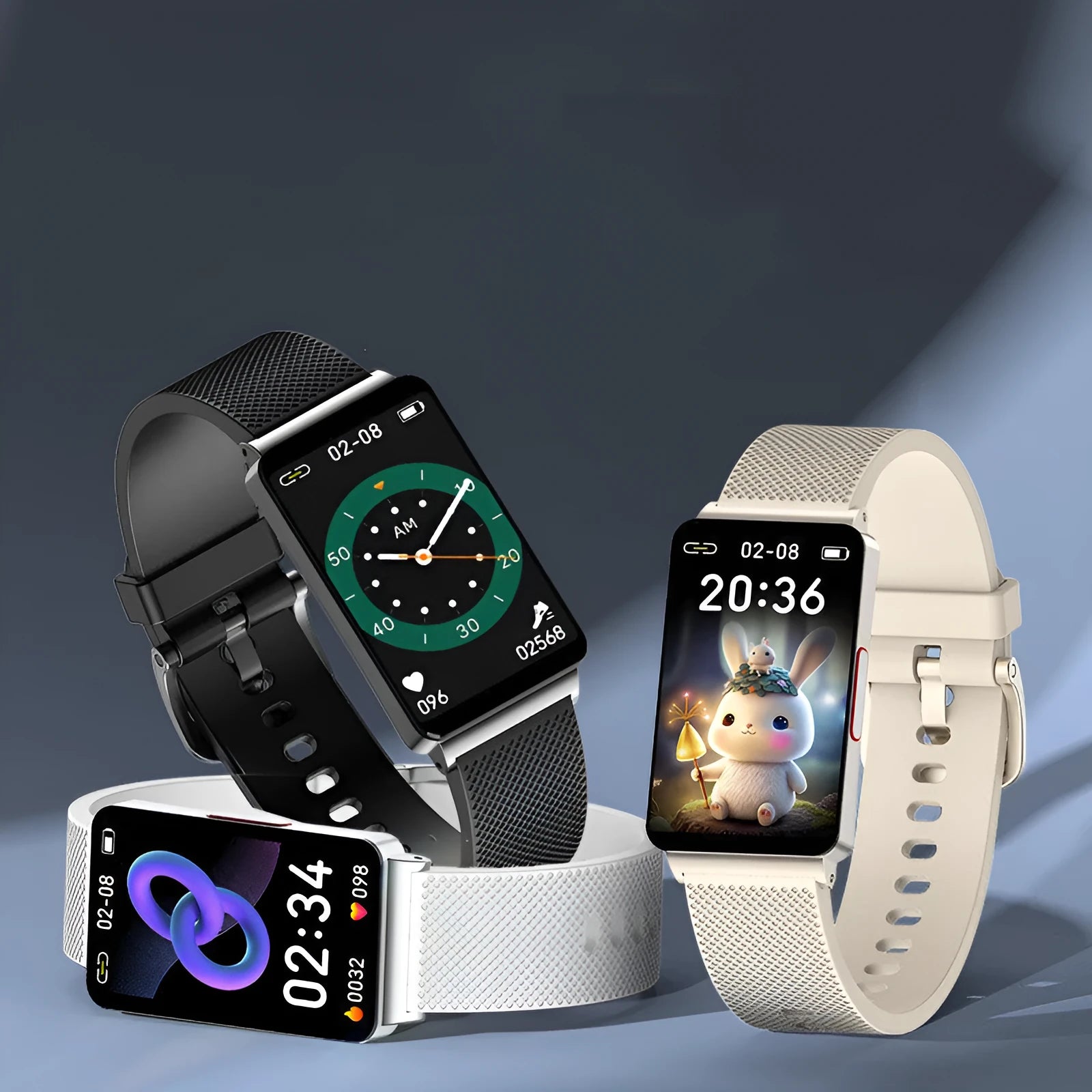 EP08 smart bracelet with blood glucose monitoring on wrist showing touch screen and TPU strap