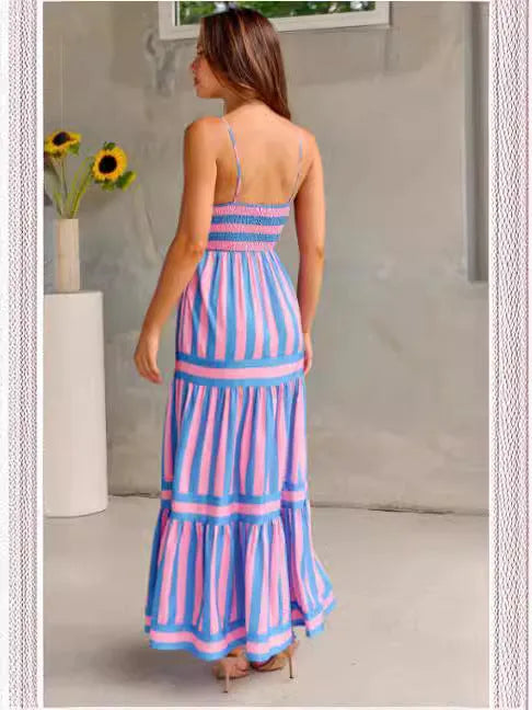 Women's printed long dress with suspender straps, square neckline, side pockets, and backless design