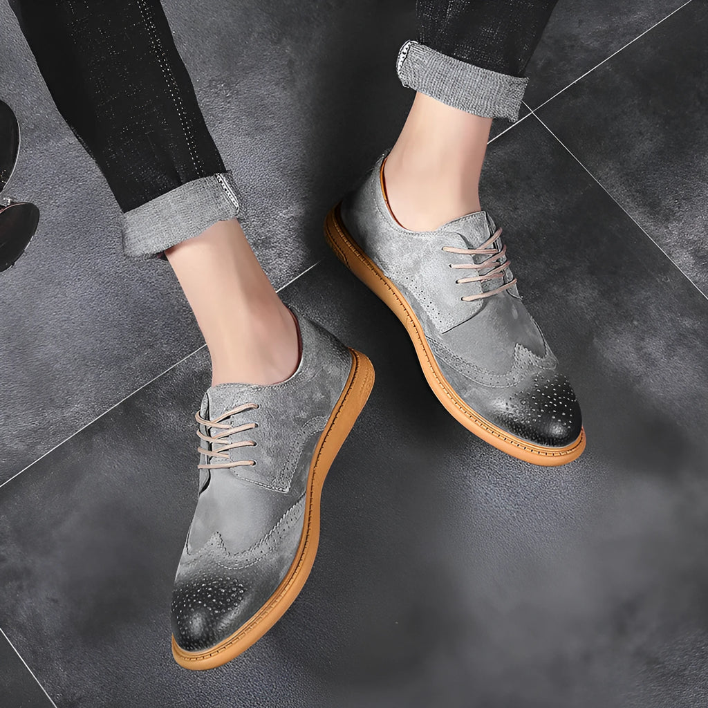 Men's grey leather business shoes with lace-up design and rubber sole