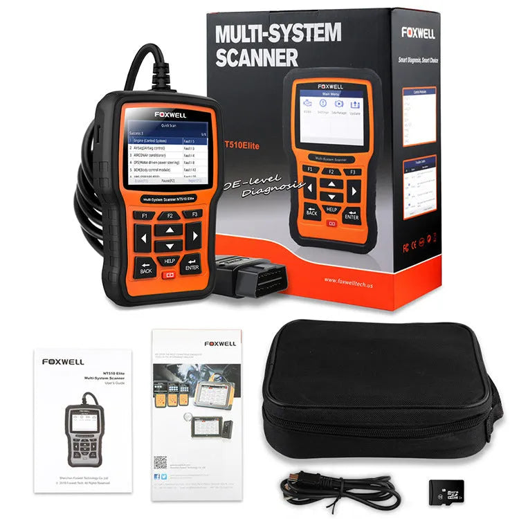 Foxwell NT510 orange and black automotive OBD2 diagnostic scanner and reset tool.