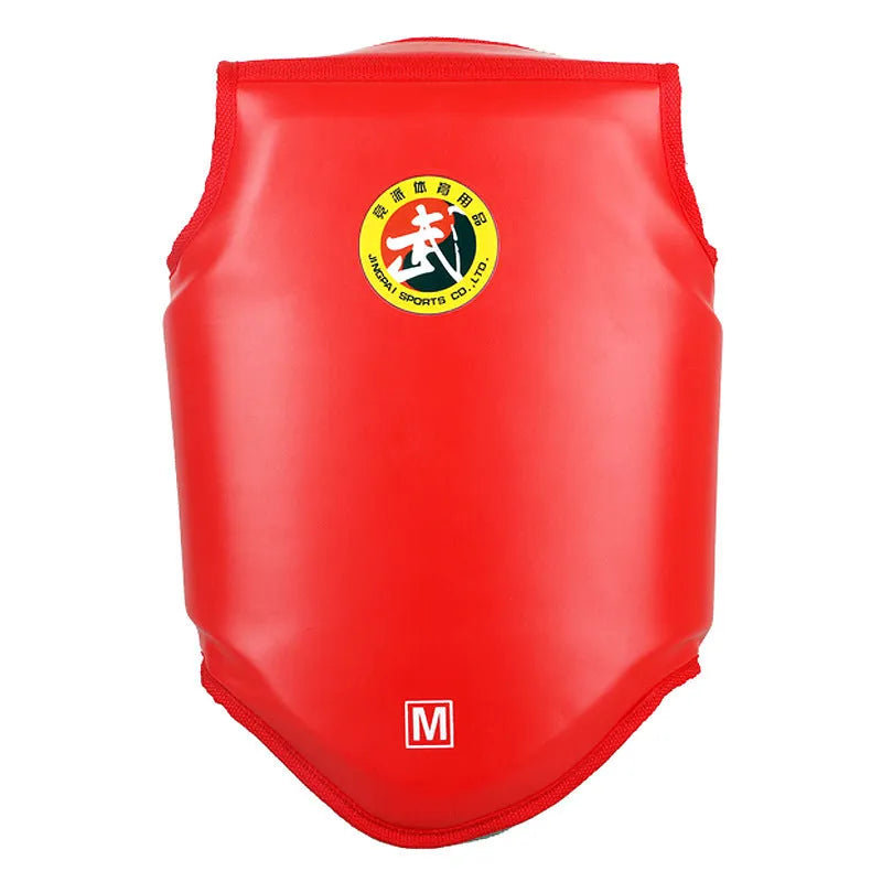 Red boxing protective gear set with helmet and chest protector for training