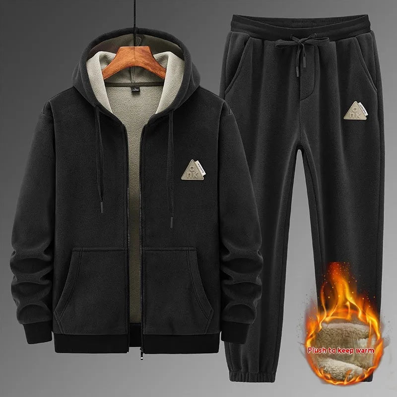 Men's grey hooded tracksuit set with polyester jacket and matching trousers for sports wear