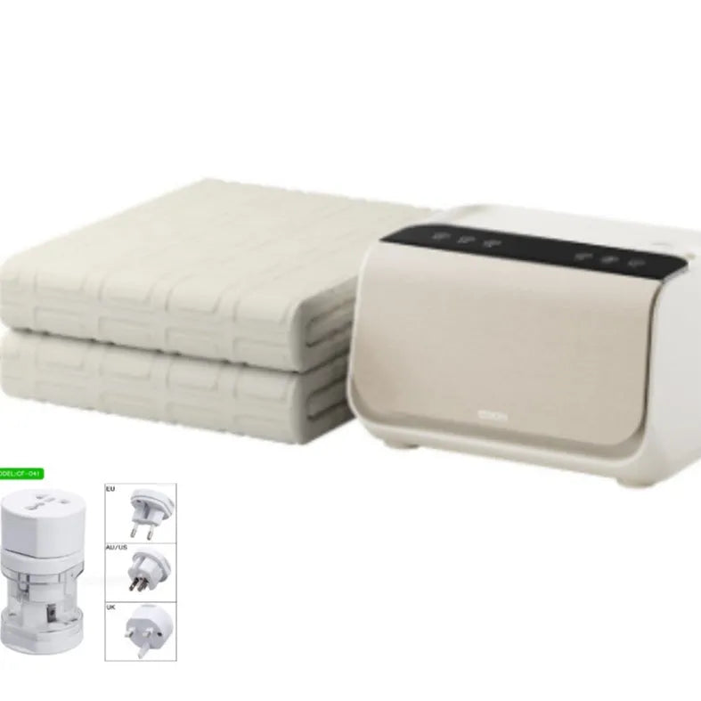 White electric underblanket with smart controller on a bed, showing 1.4x2m and 1.8x2m size options.