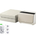 White electric underblanket with smart controller on a bed, showing 1.4x2m and 1.8x2m size options.