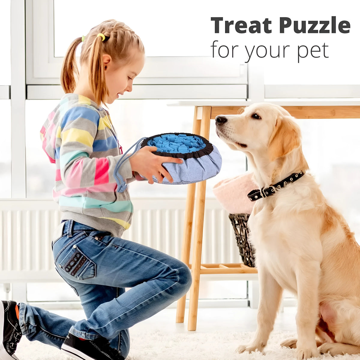 Adjustable blue dog snuffle mat with puzzle compartments for treat hiding and slow feeding