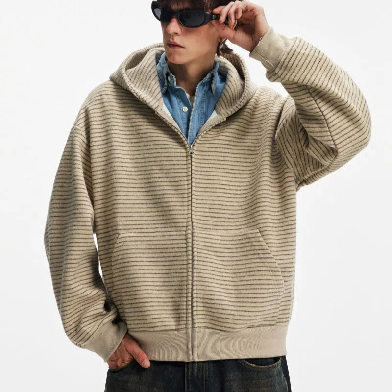 Hooded striped cardigan coat with zip front, long sleeves, loose unisex fit, apricot or black, sizes M to 2XL