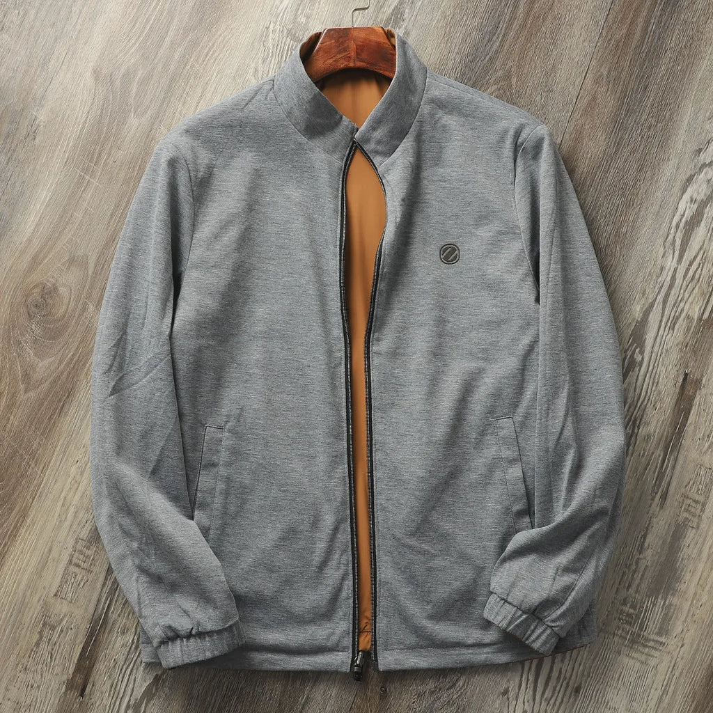 Men's stand collar casual jacket in polyester blend shown in army green colour.