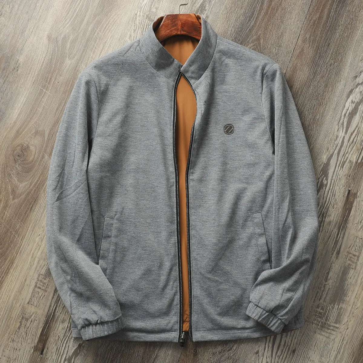 Men's stand collar casual jacket in polyester blend shown in army green colour.
