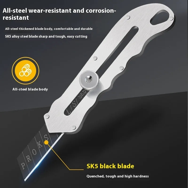 Stainless steel folding art knife with black blade and spare blades