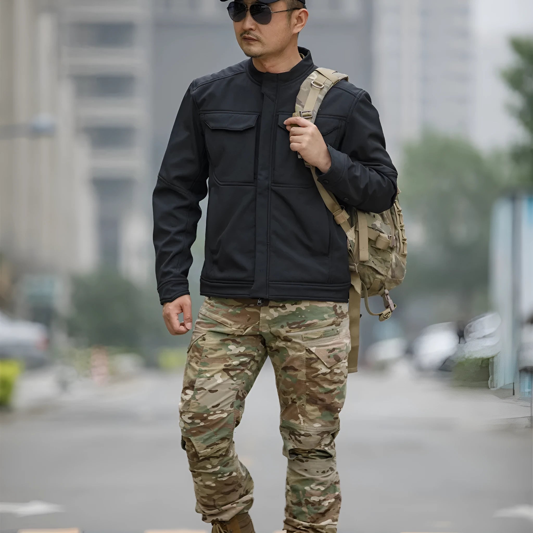 CP camouflage soft shell tactical jacket for mountaineering and camping on a mannequin