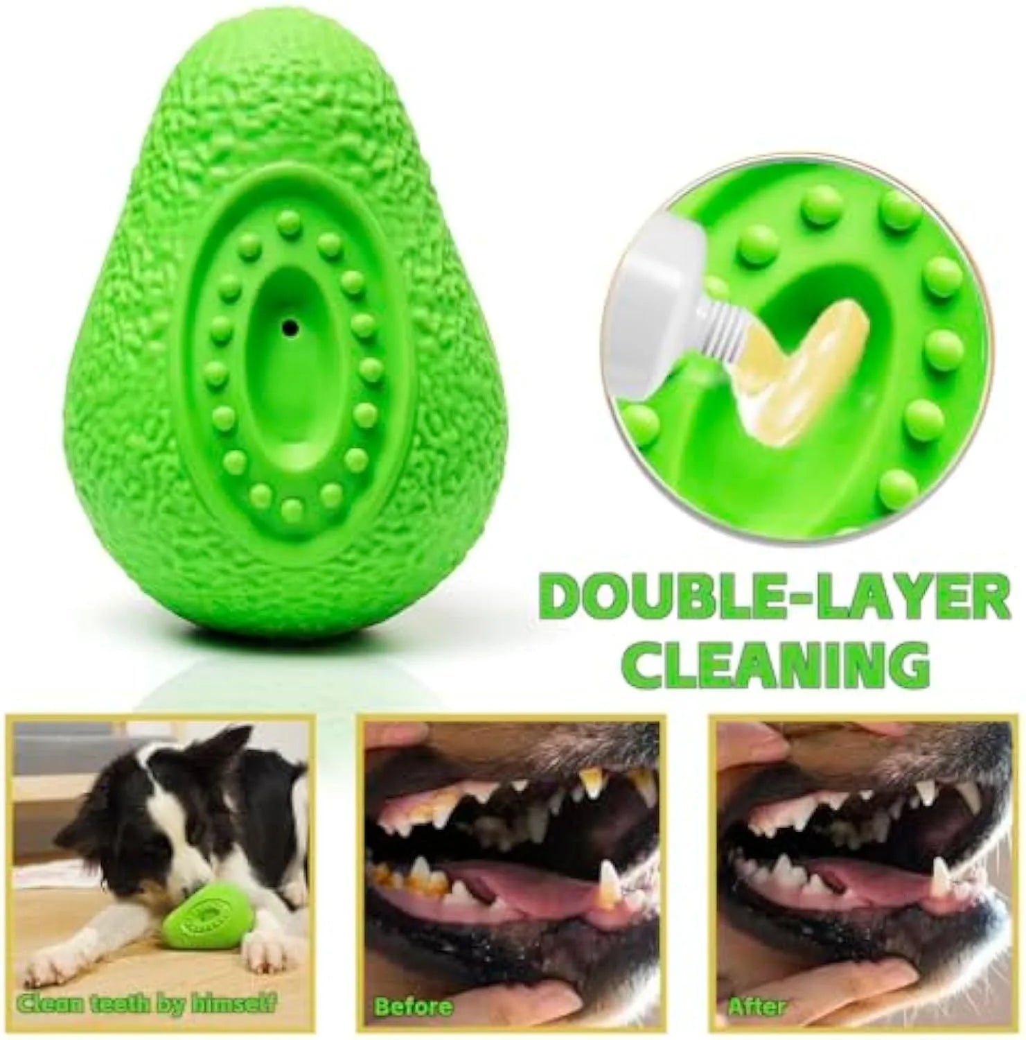 Green avocado-shaped heavy duty rubber dog chew toy for aggressive chewers.