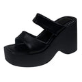 Women's black wedge platform slippers with a square toe on a plain background.