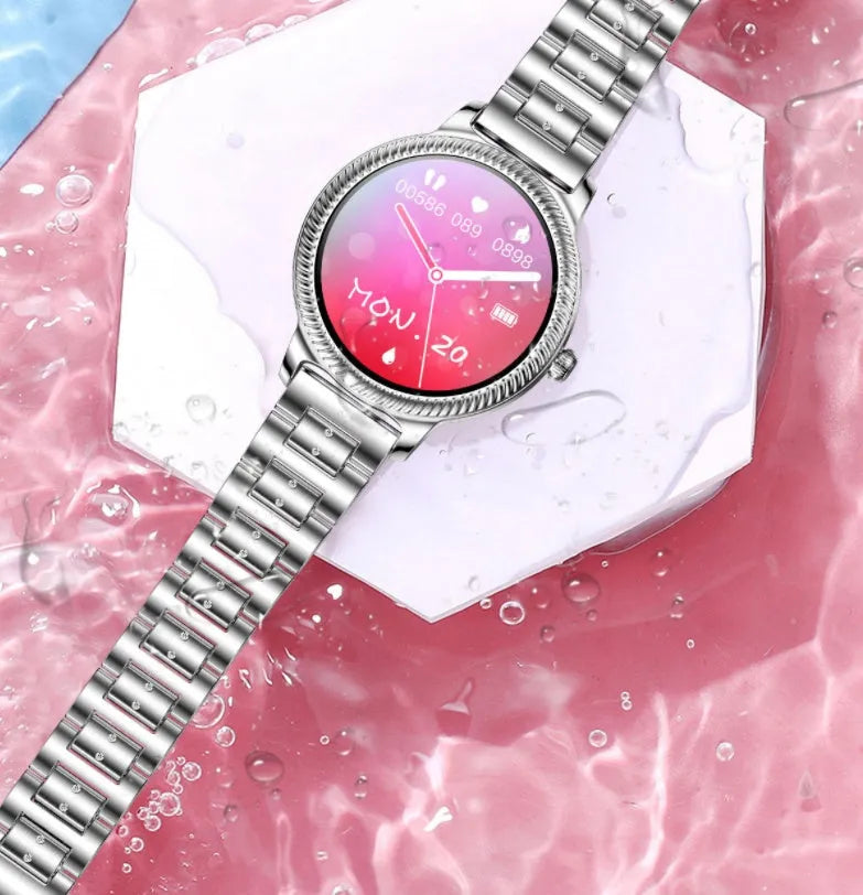 AK38 ladies smart watch with stainless steel bracelet and 1.09-inch colour display