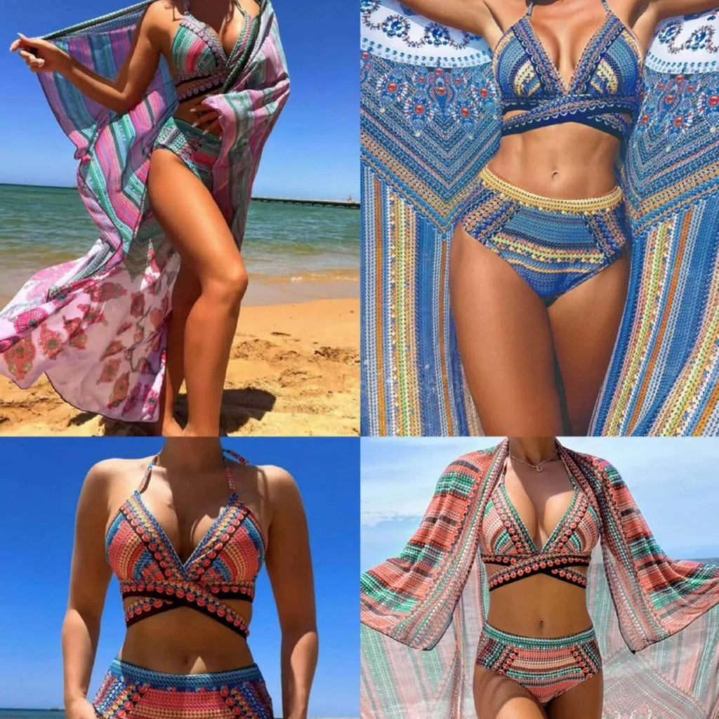 Women's high waist bandage bikini set with cross-back bra and split hem briefs in blue colour