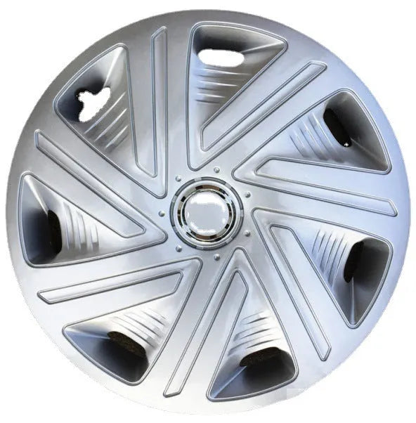 Universal car wheel hub cover in ABS plastic showing black, silver, and electroplated finish options.