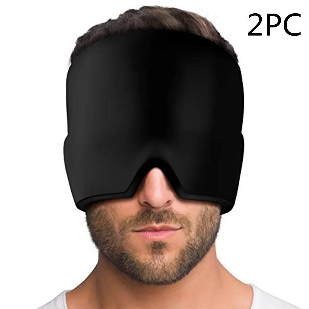 Black elastic cloth gel cooling eye mask for headache relief, shown with adjustable strap.