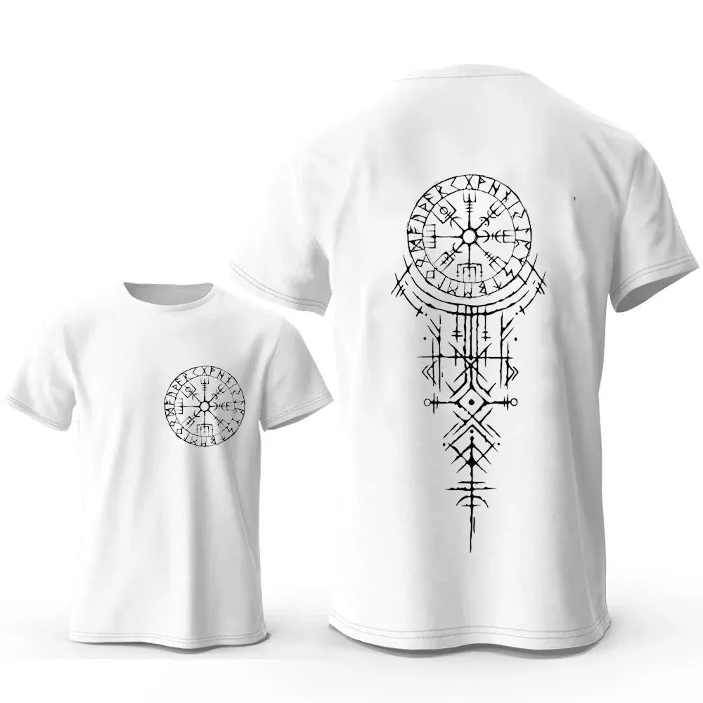 Men's grey cotton T-shirt with a detailed white Viking rune compass graphic print on the chest.