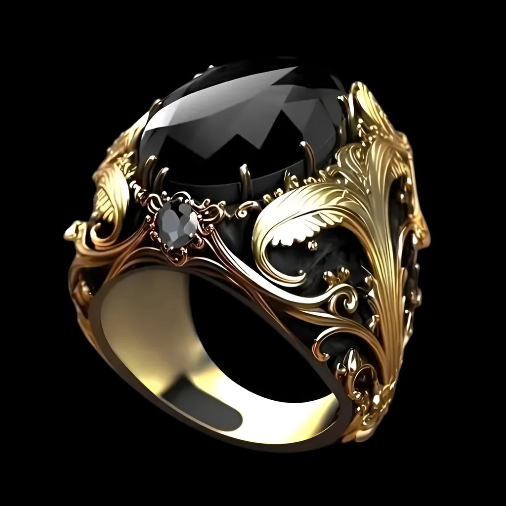 Men's silver geometric wide face ring with imitation ink colour gem ornament showing irregular patterning