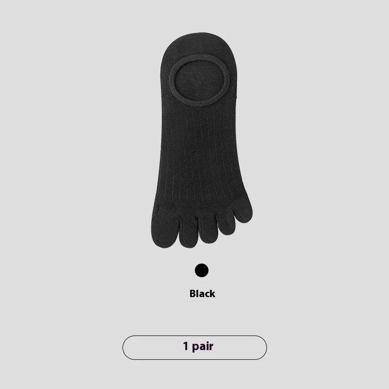 Men's five-finger invisible socks in modal fabric, shown in black, grey, khaki, and white.