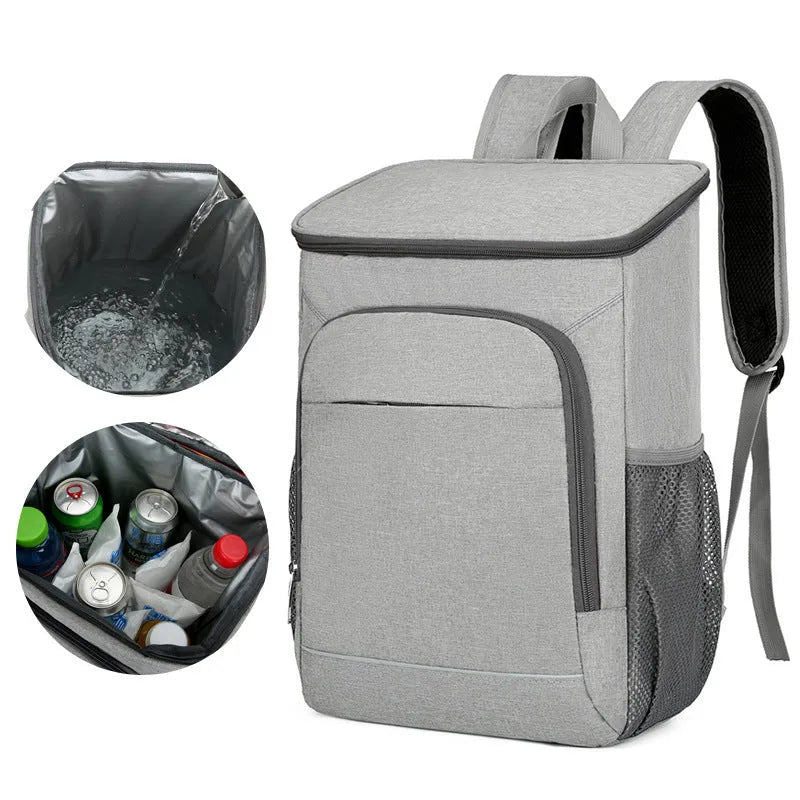 Outdoor thermal picnic backpack with curved shoulder straps in Oxford cloth construction.