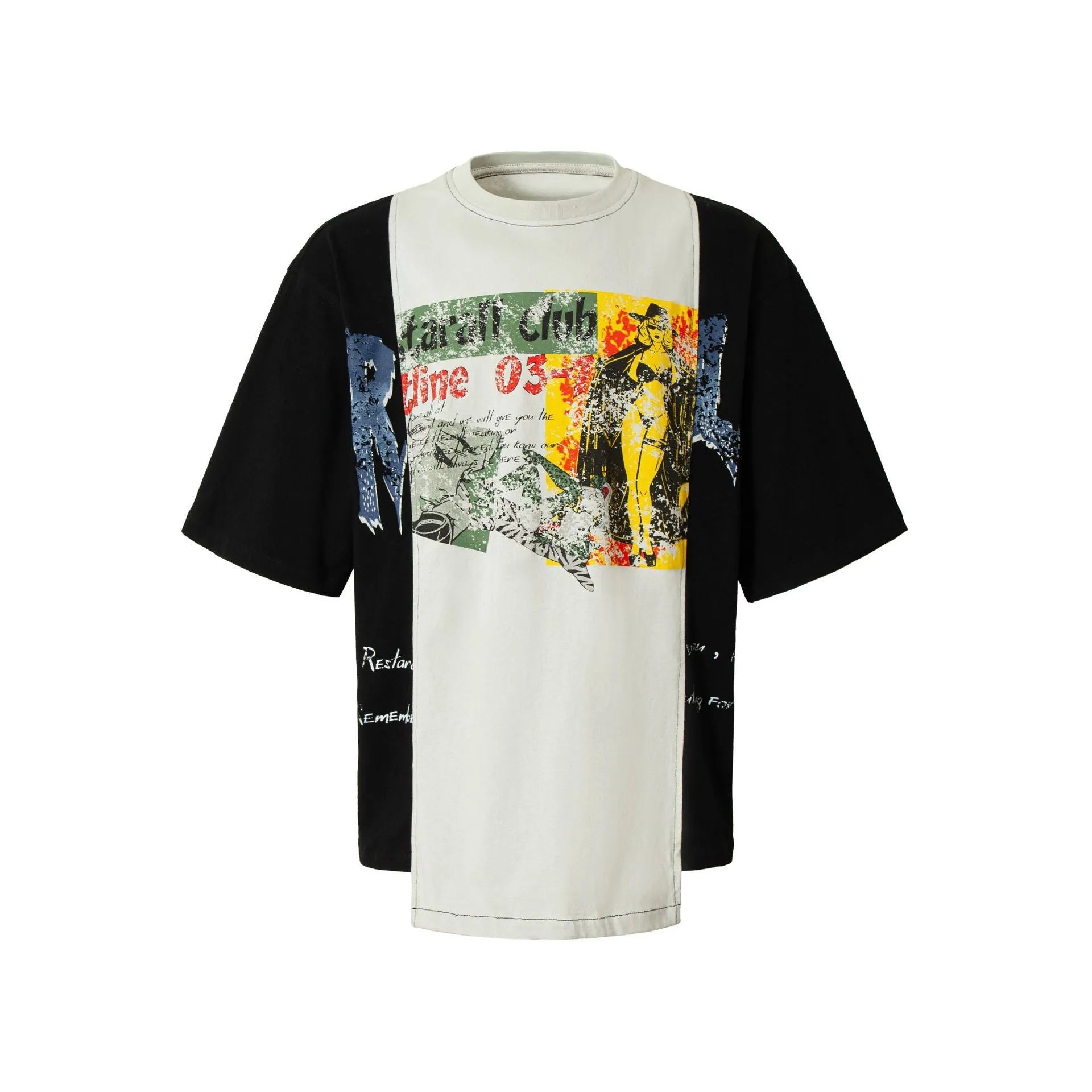 Men's black and white deconstruction printed cotton blend t-shirt with loose fit short sleeves